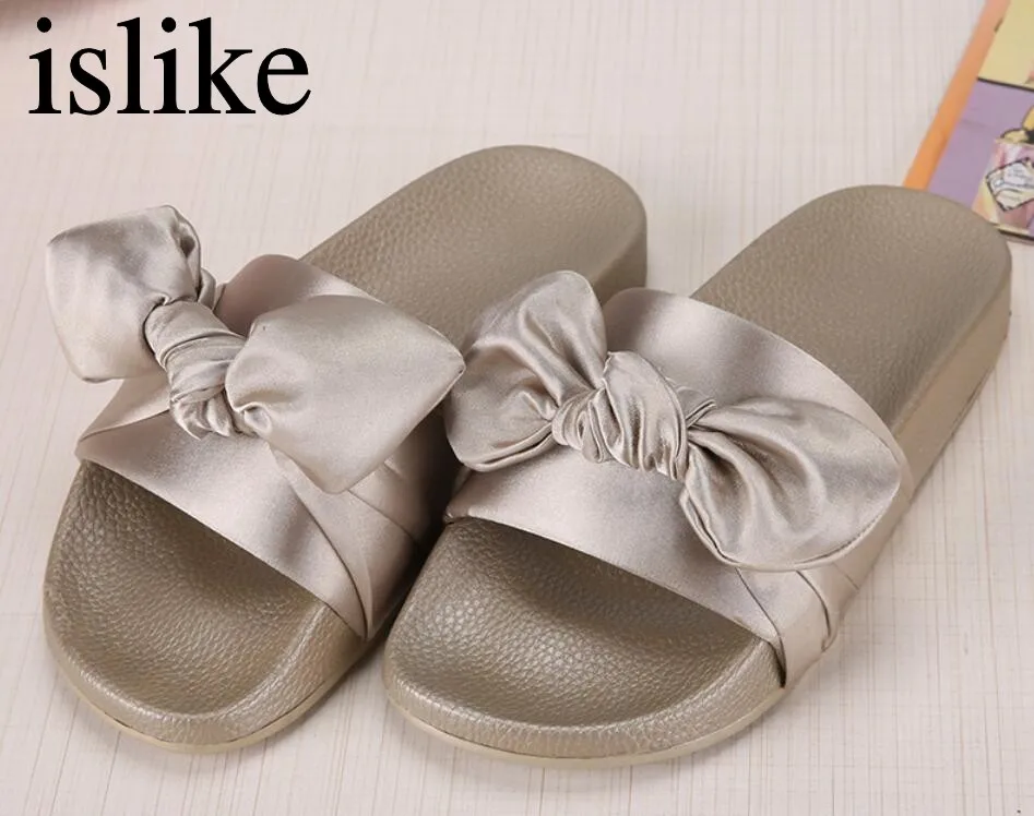 

Silk Bow Slides Women Summer Beach Shoes Woman No Fur Slippers Flat Heels Flip Flops Ladies Rihanna Bohemia Sandals