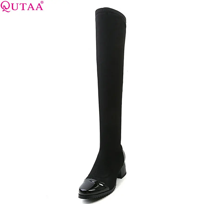 

QUTAA 2019 Round Toe Flock Women Over The Knee High Boots All Match Platform Square High Heel Winter Shoes Wome Boots Size 34-43