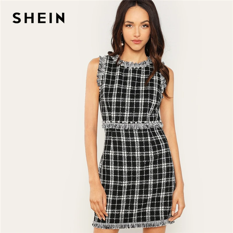 SHEIN Workwear Modern Lady Black and White Party Pearl Beading Frayed Tweed Sheath Dress 2018