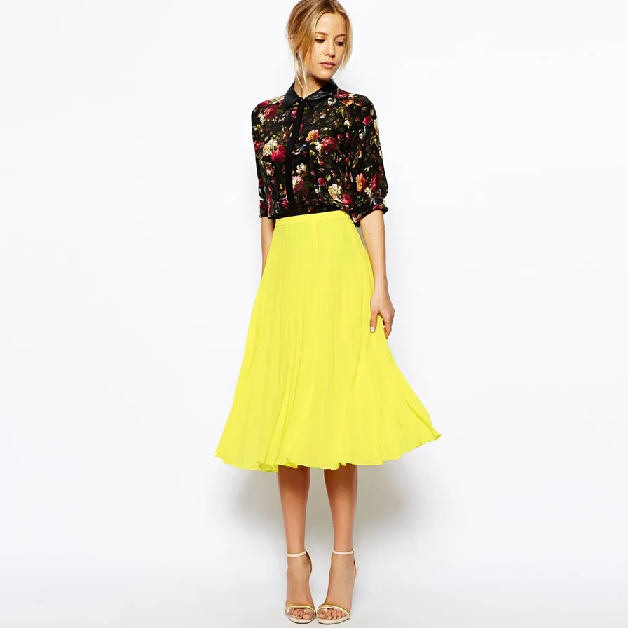 Elegant Lemon Yellow Tea Length Chiffon 