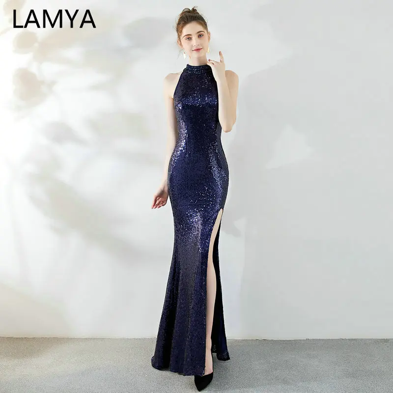 

LAMYA Sequined Front Split Cocktail Dress Elegant Elastic Satin Halter Evening Party Dresses Mermaid Backless Prom Dress