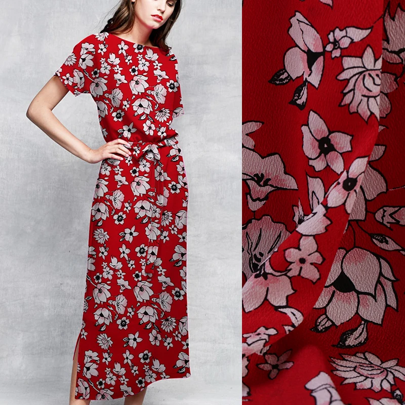 

110CM 18MM Jacquard Pink Floral Red Guanle Silk Crepe Fabric for Summer one-piece Dress Shirt Clothes Pants B096