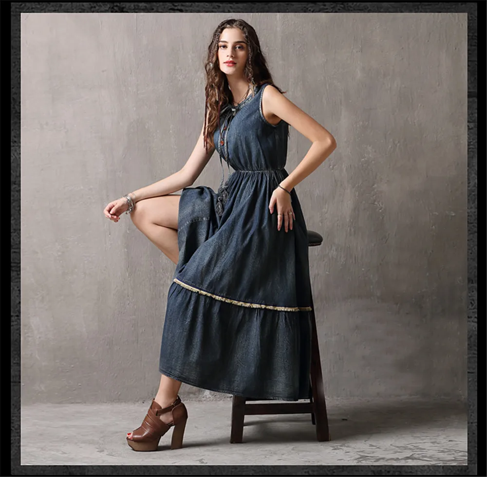 Vintage Summer Tank Dress 2018 Casual High Waist Denim Vestidos O-Neck Swing Hem A-line Elegant Sundress Dress Female K82106 (18)
