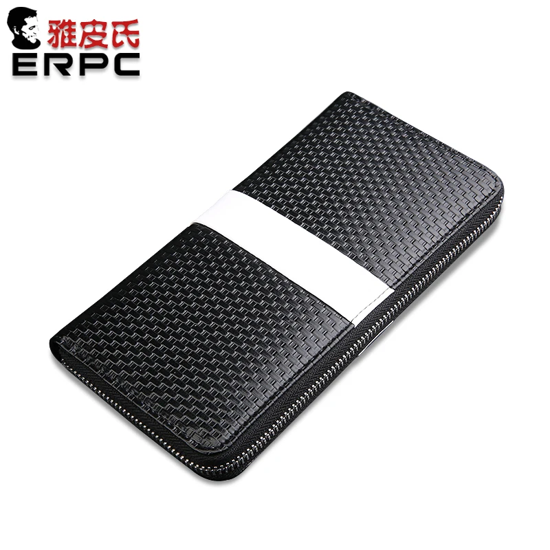 

5 colors option / Men Genuine Leather Wallet , Knit, white strap in Middle, Portable Long Purse Clutch Bag Big Capacity