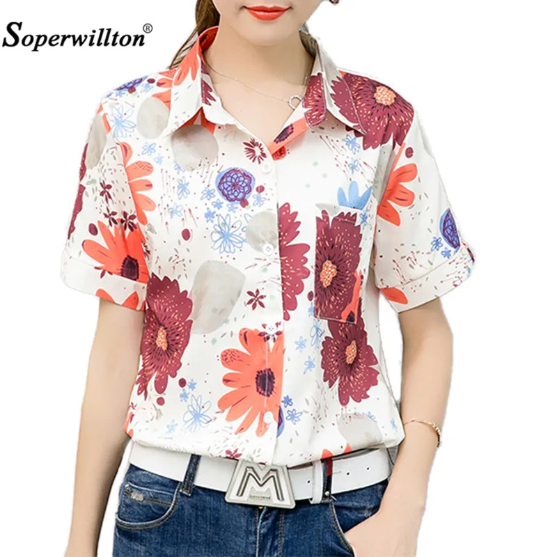 

Soperwillton High Quality Fashion Womens Short-sleeve Chiffon Shirt Turn-down Collar Casual Print Flower Female Top Women Blouse