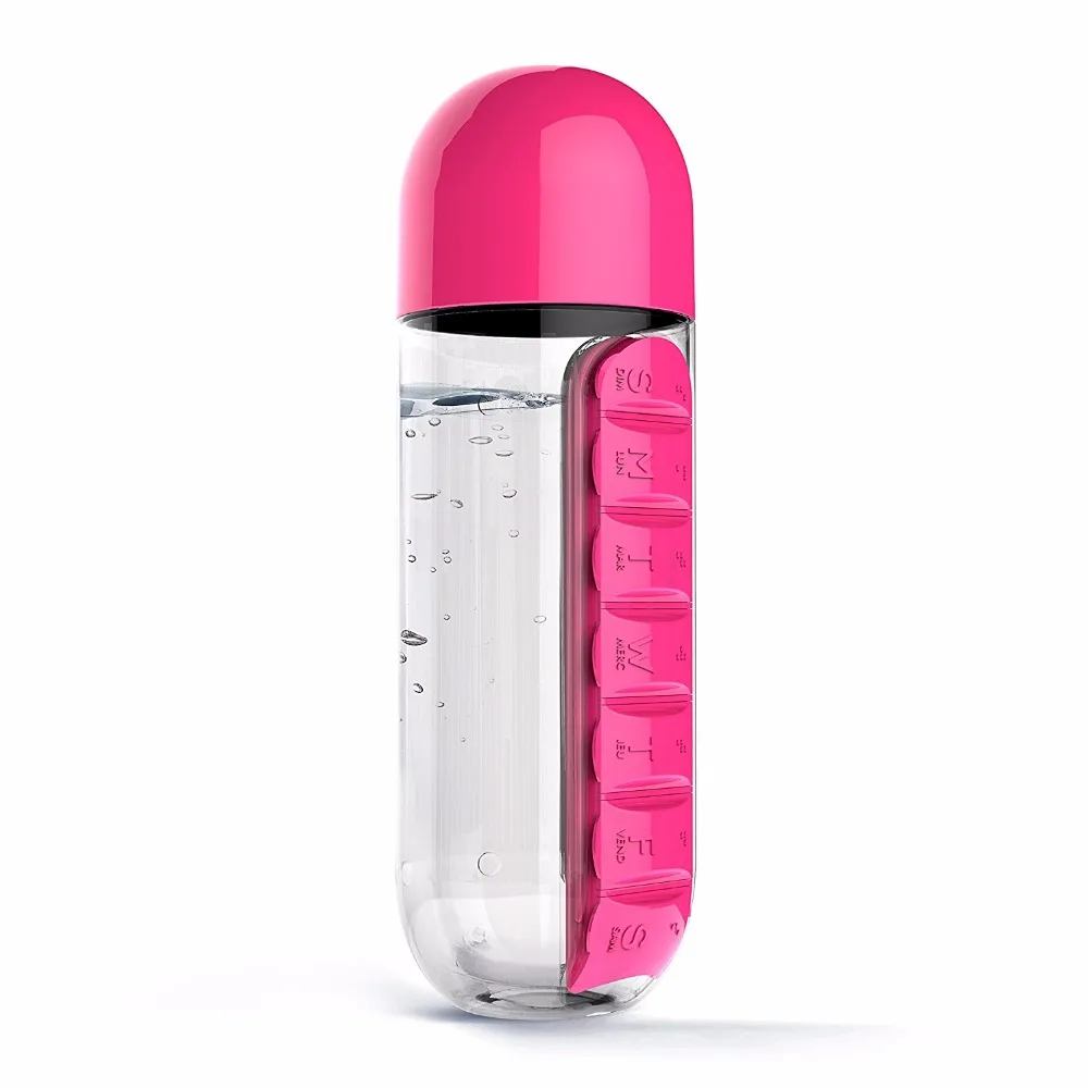 600 ملليلتر Bpa الحرة تريتان مريحة زجاجة المياه البلاستيكية مع اليومية حبوب منع الحمل مربع المنظم الشرب جولة رياضية المشي زجاجات