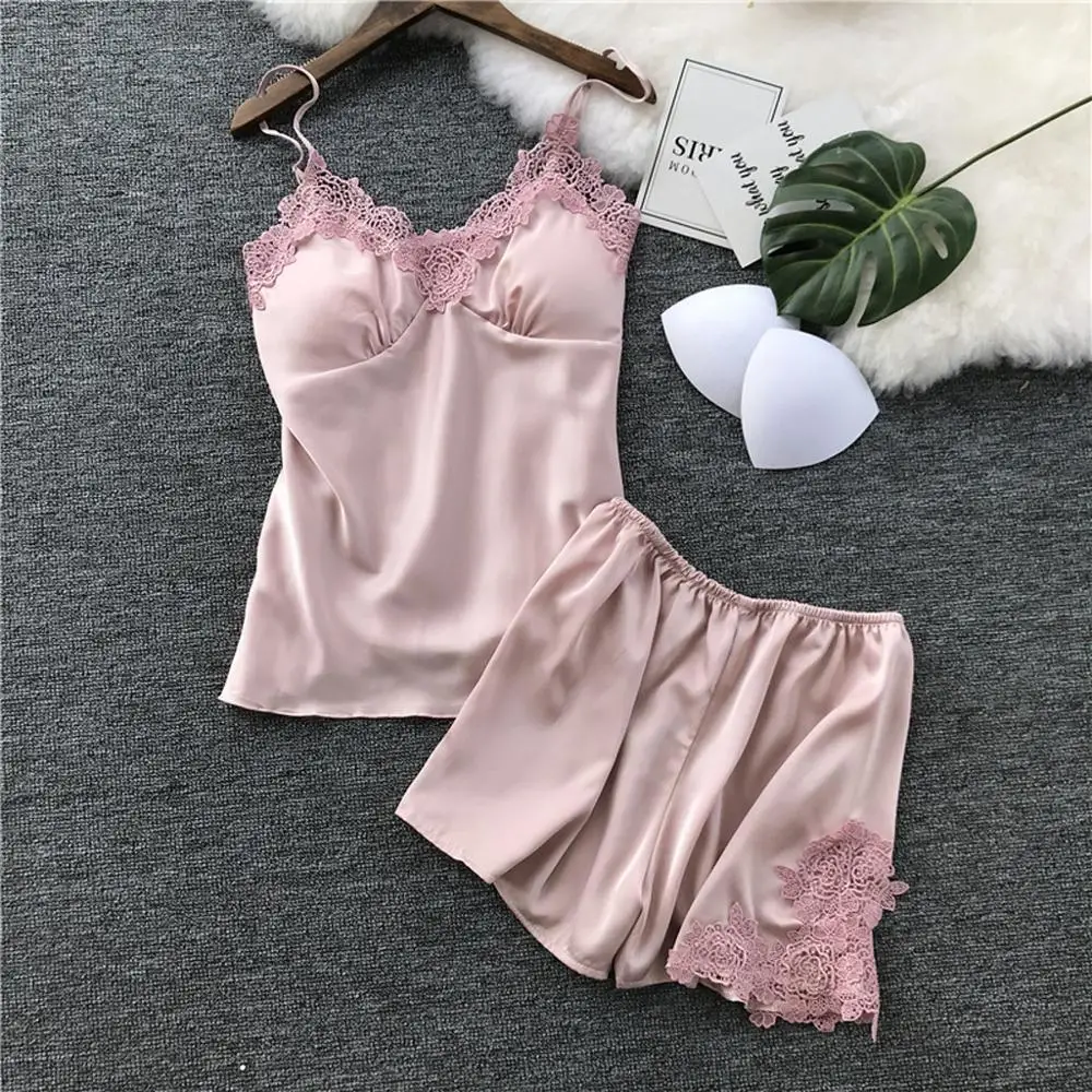 Lady Sexy Satin Night Robe Dress Lace Strap Shirt&Shorts 2PCS Sleep Suit Sleepwear Nightwear Sling Lingerie Underwear Set