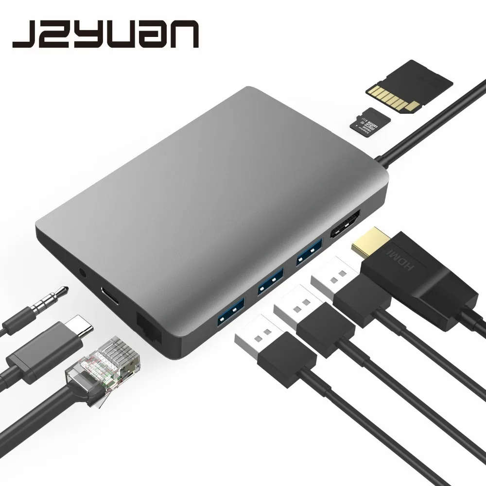 JZYuan 9 в 1 концентратор USB C 3,1 концентратор к HDMI 4 K/30Hz Ethernet RJ45 Тип C зарядная док-станция для MacBook Pro huawei P20 Pro usb-хаб 3,0