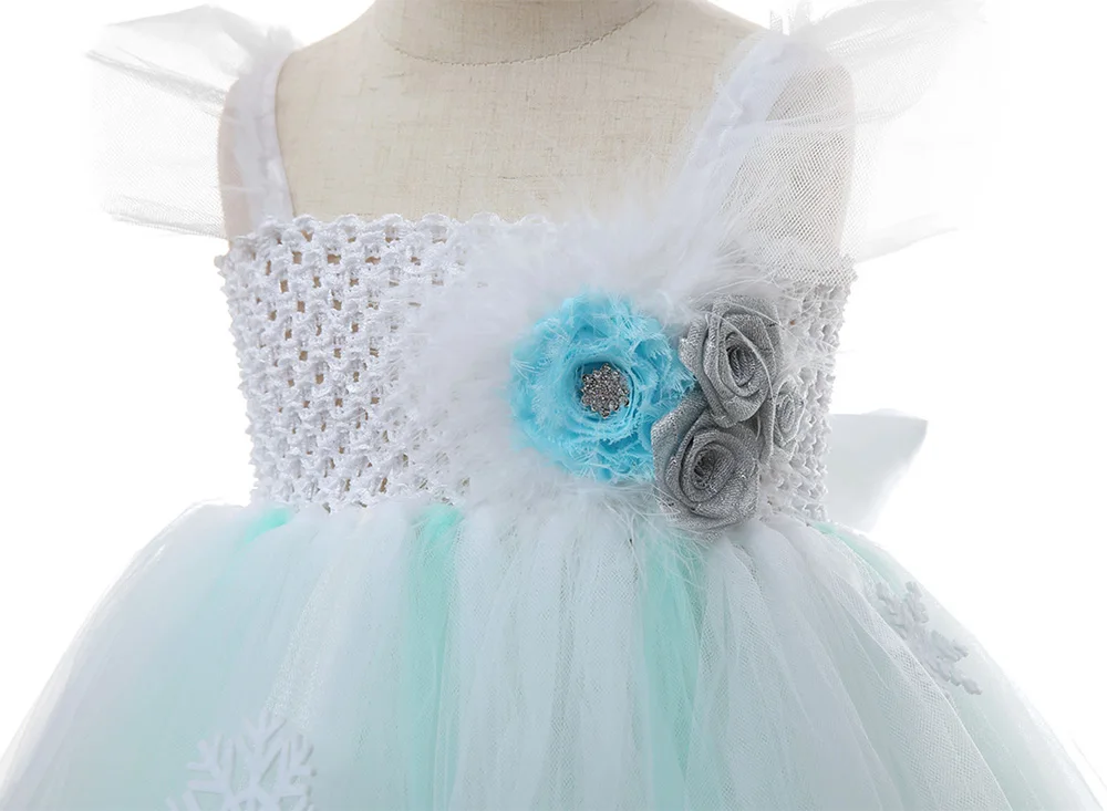 Серебряное Сверкающее Тюлевое платье-пачка для девочек со снежинками; кружевное платье на бретелях; платье Снежной Королевы; свадебное платье принцессы Эльзы с цветами для подростков
