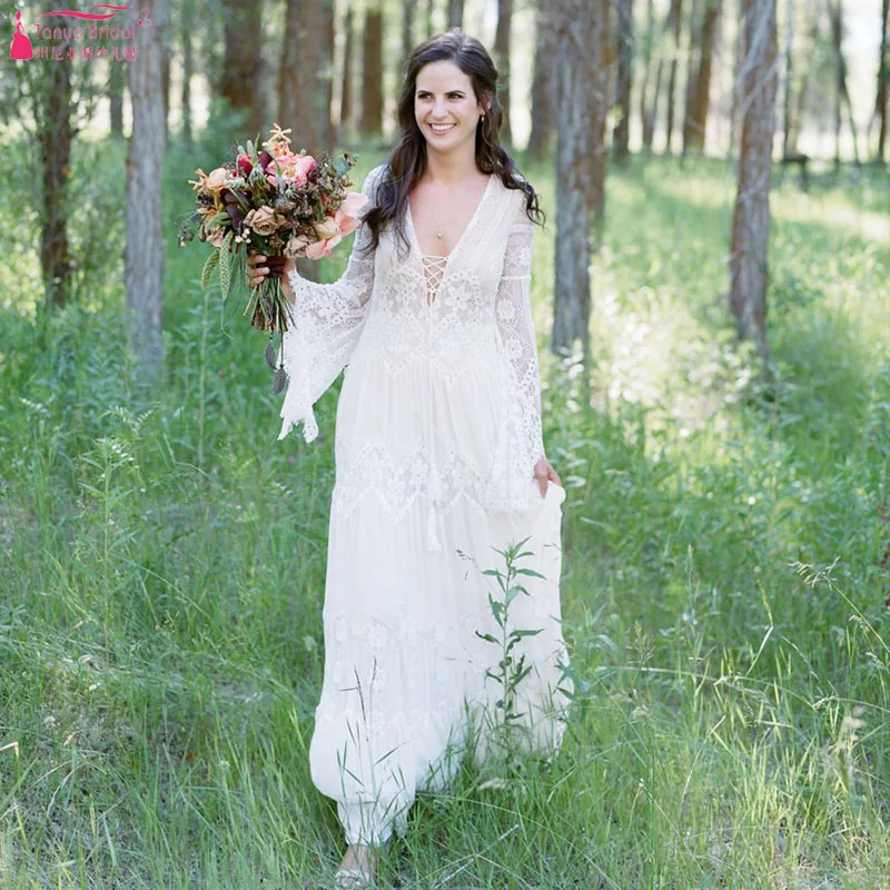 

Bohemian Lace Wedding Dresses Flare Sleeve Deep V-Neck Sexy Backless A Line Boho Beach Bridal Gowns Gypsy Hippie Noivas ZW190