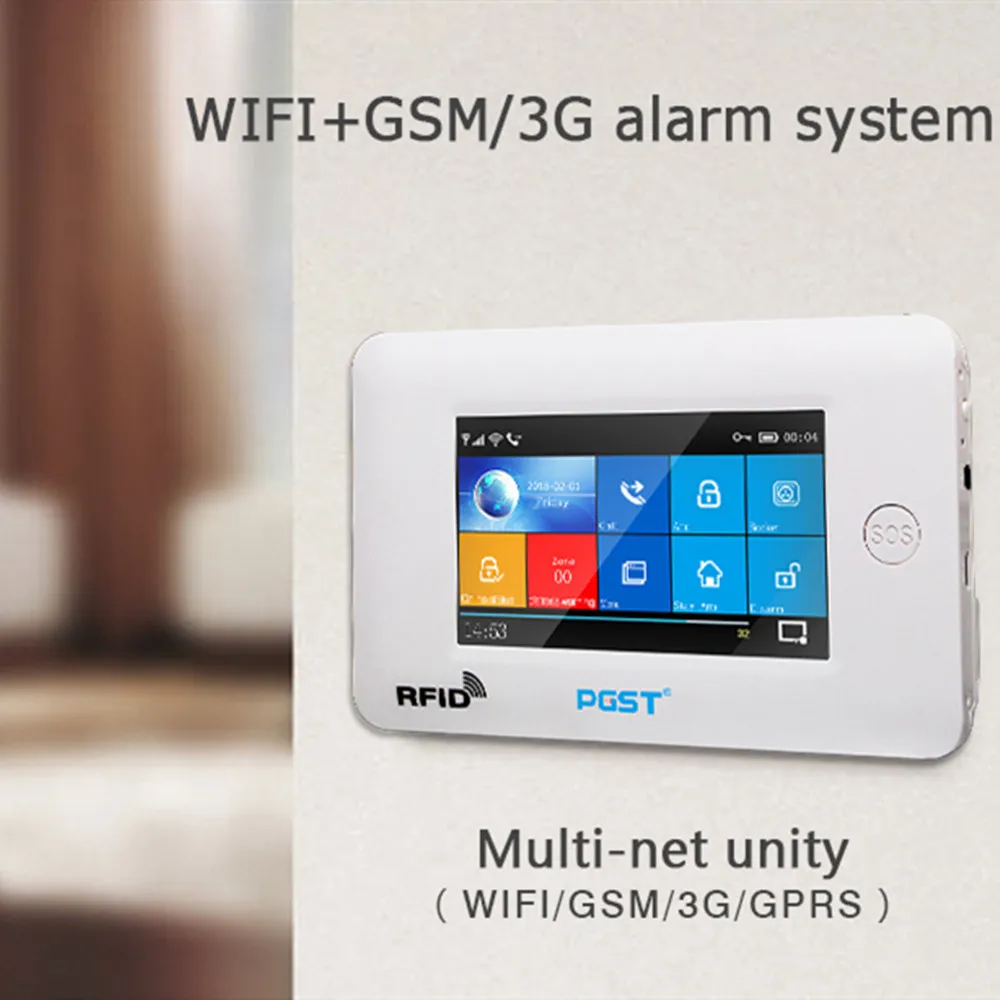 Tanie PGST 433MHz wszystkie dotykowy kolorowy ekran bezprzewodowy WIFI GSM GPRS SOS karta rfid system antywłamaniowy inteligentne bezpieczeństwo w domu DIY Alarm