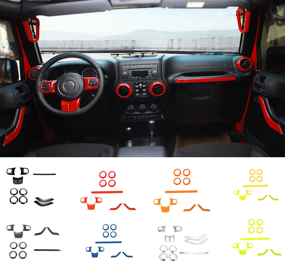 XBEEK Interior Mouldings 2 Doors 10PCS Car Steering Wheel Trim Air Condition Vent Cover Sticker For Jeep Wrangler JK 2011-2017