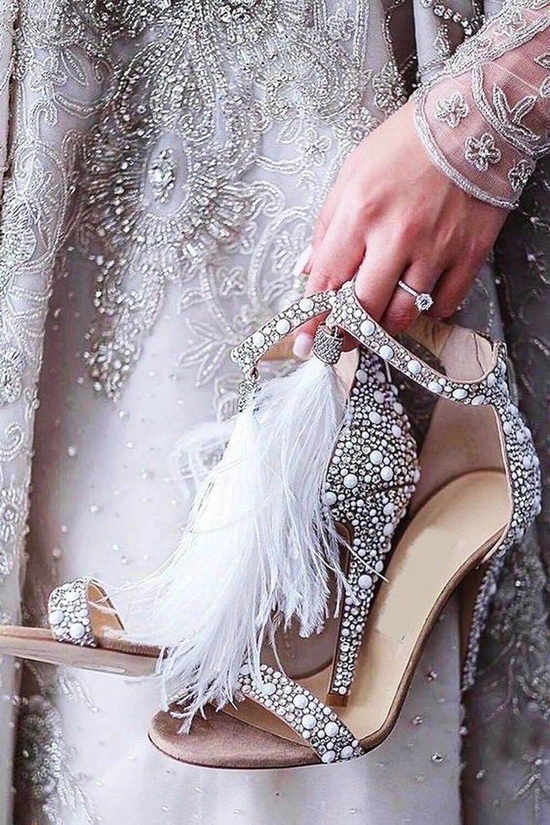 

High heels women sandals luxury crystal fringe feather bridal wedding shoes sexy stiletto open toe party ladies shoes sandalias