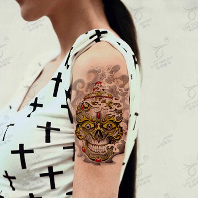 Temporary Tattoo Stickers Women Men Skull Wisdom Arm Gold Tattoo 