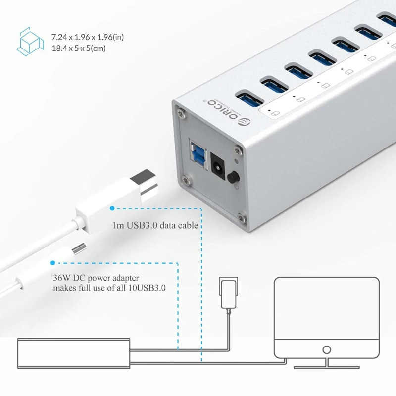 ORICO алюминиевый 10 портов USB3.0 концентратор высокая скорость 5 Гбит/с сплиттер с 12 В адаптер питания и 3.3Ft USB3.0 кабель серебро