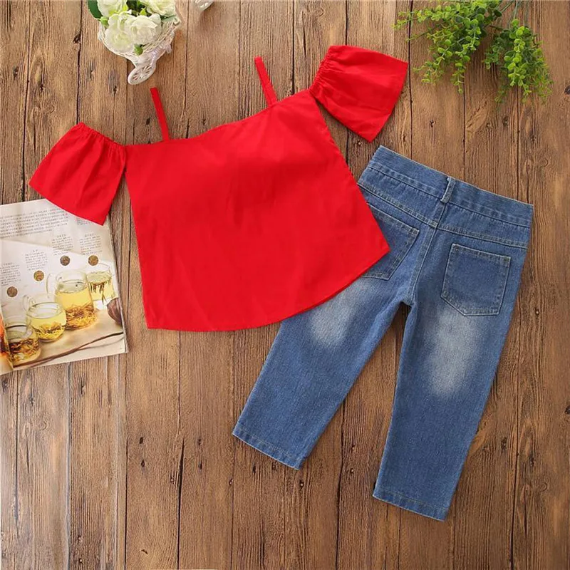 Girls suit summer 2019 new Toddle Kids Baby Girl Off-shoulder Tops+Flower Jeans Denim Pants Outfits Set (13)