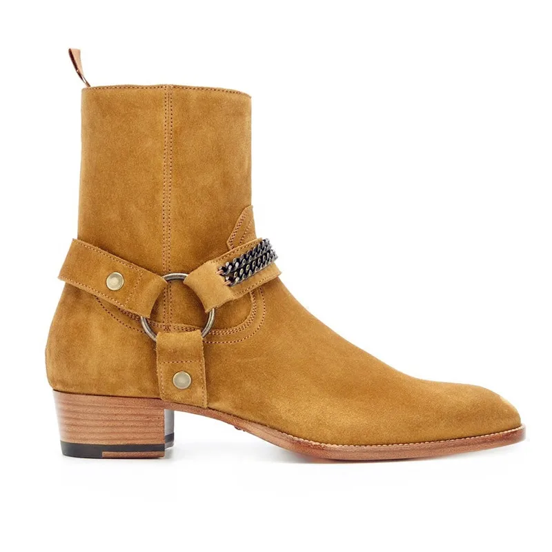 Handmade High Top Quality Wedge Suede Brown Ankle Chain Strap Men Denim Boots Frayed Hip Street Boots Handmade High Top Quality Wedge Suede Brown Ankle Chain Strap Men Denim Boots Frayed Hip Street Boots