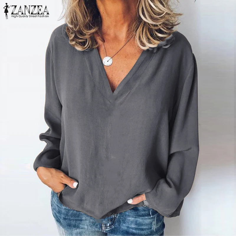 Плюс размер Туника женская летняя блузка ZANZEA модные рубашки сексуальные V шеи Blusas Mujer женские белые топы с длинными рукавами Chemise