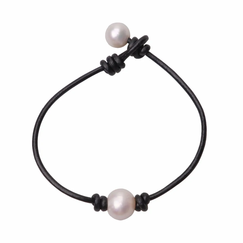 

Ambrum Women Single Freshwater Pearls Leather Bracelet,10 mm White Pearls Beaded Bangle on Black Leather Cord