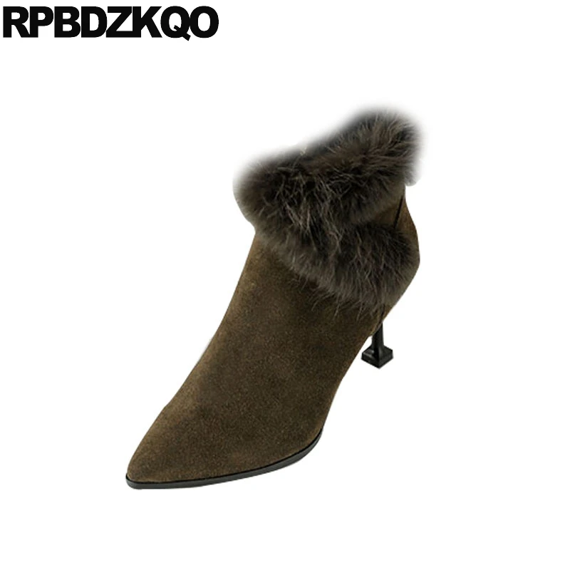 

Stiletto Genuine Leather Furry Winter 2018 Booties Pointed Toe Side Zip Boots Women Ankle Real Fur High Heel Shoes Green Suede