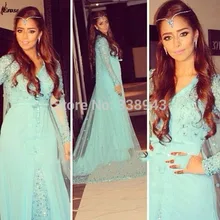 2016 Muslim Evening Dresses A-line Long Sleeves Mint Green Chiffon Bead Islamic Dubai Abaya Kaftan Long Evening Gown Prom Dress