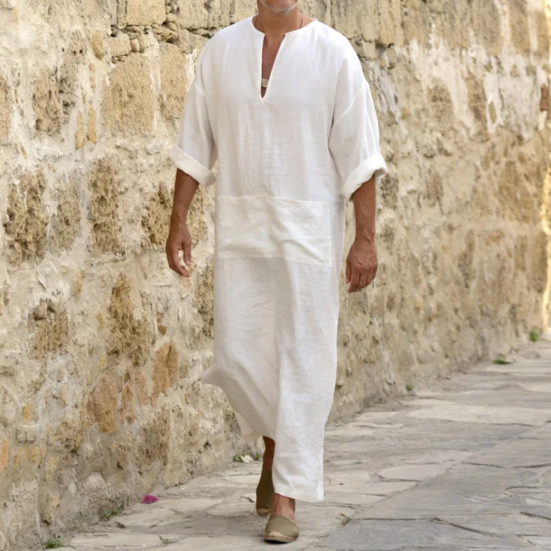 

Men Linen Soft Muslim Robes Abaya Dubai Arabic Islamic Dress Clothing Kaftan Jubba Thobe Qamis Homme Islam Traditional Costumes