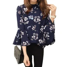 Flowers Print Korean Cute Women Blouse O Neck Flare Sleeve Harajuku Chiffon Blouse Sheer Spring summer tunic shirt beach kimono chiffon print flare sleeve blouse
