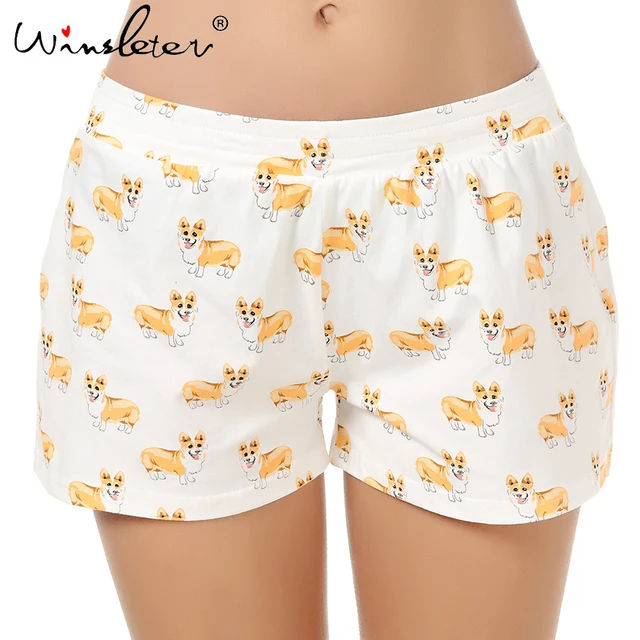 US $6.30 Ship From The US Corgi Print Cute Sleep Bottoms Knitting Cotton Pajama Shorts Women Multi Dogs Styl