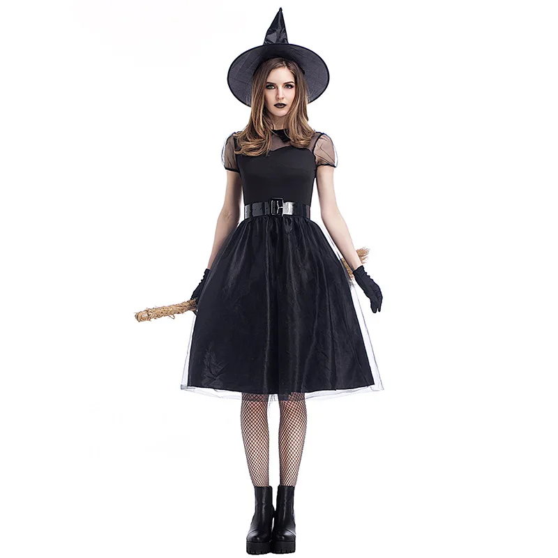 Черный готический костюм ведьмы для взрослых женщин Пурим Хэллоуин косплей вечерние маскарадные костюмы волшебников - Цвет: Черный