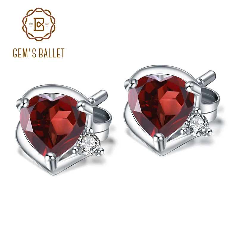 

GEM'S BALLET Pure 925 Sterling Silver Classic Earrings 1.68Ct Natural Garnet Gemstone Heart Stud Earrings for Women Fine Jewelry