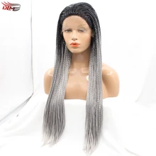 Braiding Hair Black to Grey 2T ombre Wig Long Straight Natural Micro Braided Wigs Synthetic Lace Front Wig for Black Women