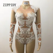 Parlak İnciler Kristaller Bodysuit Tek parça Çıplak Streç Kıyafet Kutlamak Glisten Leotard Rhinestones Kostüm Şarkıcı seksi giyim
