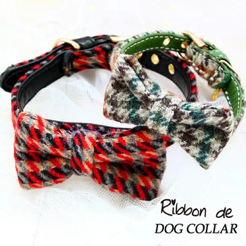 

Free shipping soft pu+wool British style lattice pattern bow tie small dog collar pet collier pour chien collar perro coleira