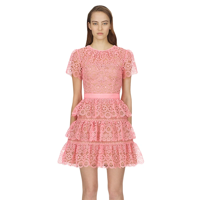 

2018 summer o neck cute pink lace dress high quality