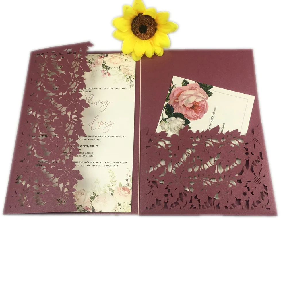 50X белый оставить розовый/бордовый цветок три раза лазерная резка, для свадьбы юбилей пригласительные набор/Поздравительные открытки/RSVP