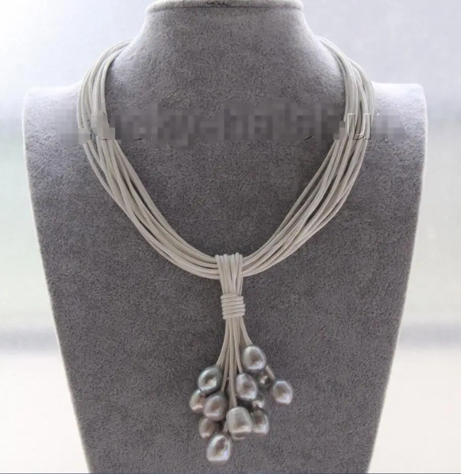 

Hot sale new Style >>>>>Choker 16" 15row 14mm gray pearls white leather Pendant necklace j9546