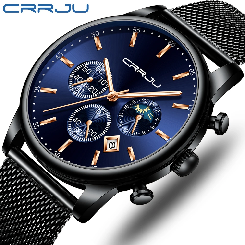 

CRRJU Men's Watches New luxury watch men Fashion sports quartz watch stainless steel mesh strap ultra thin dial date blue clock