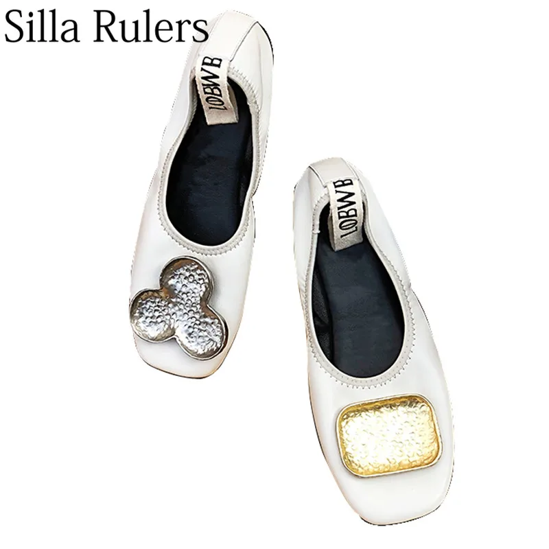

Silla Rulers 2019 new spring ladies genuine leather flat with Single shoes metal decoration round toe slip on boat shoes woman