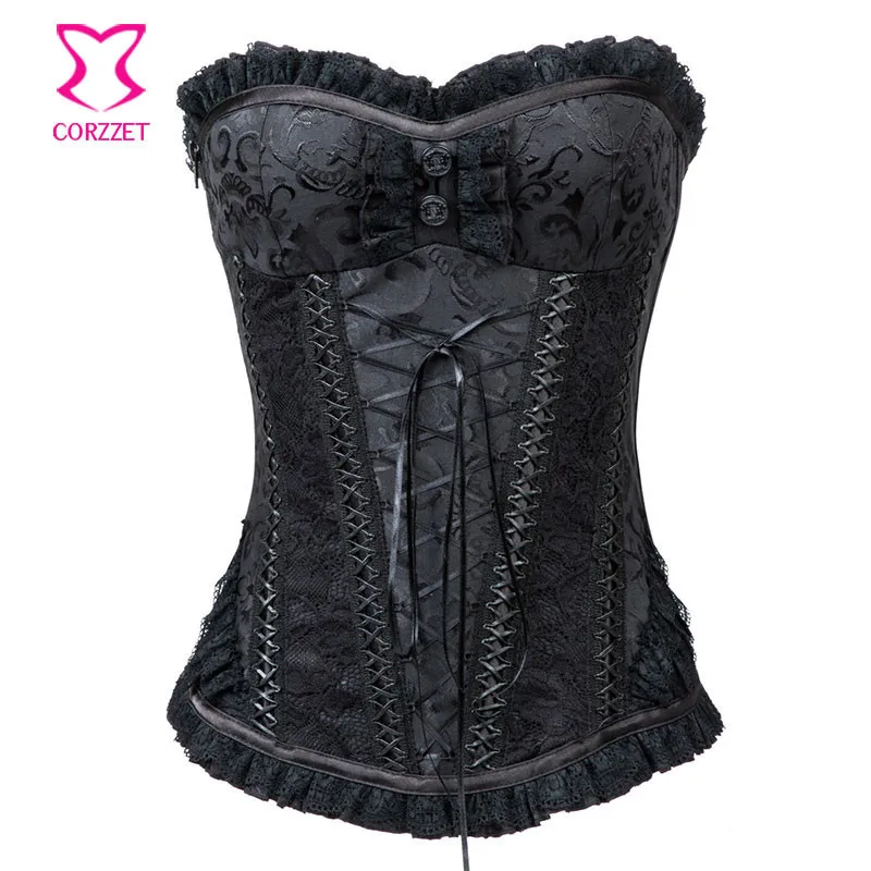 

Black Brocade&Lace Zipper Steel Boned Sexy Corset Top Overbust Bustier Waist Trainer Corselet Gothic Corsets Korsett For Women