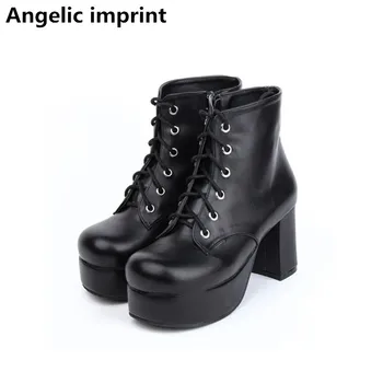 

Angelic imprint mori girl Women punk motorcycle ankle boots lady lolita Boots woman high trifle heels pumps platform shoes 33-47
