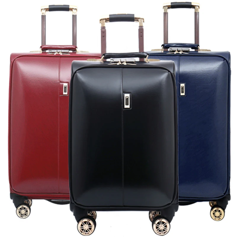 CALUDAN PU Leather Rolling Luggage Spinner 16 inch Men Business Trolley
