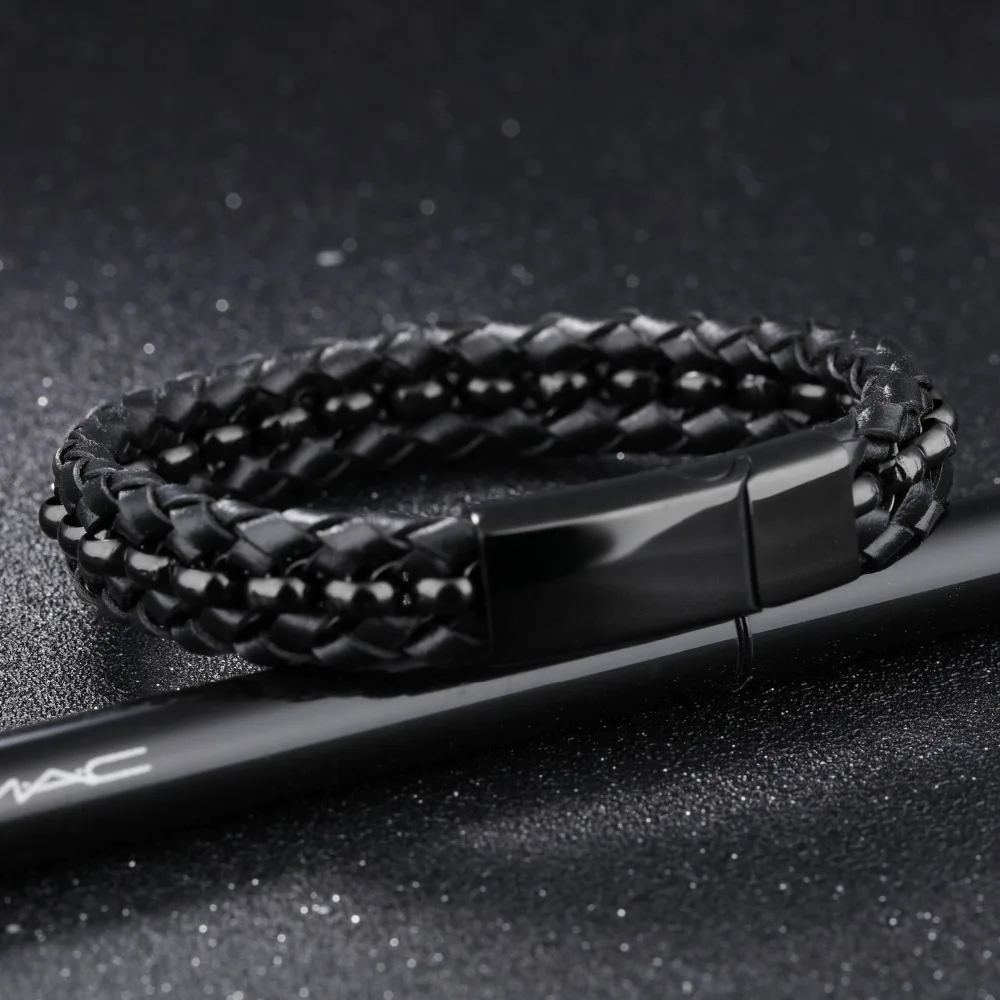 Fate Love Man Personalized Weave Bangle Handmake Black Leather With Chain Bracelet Male Unique Jewelry Gift Drop Shipping FL1142