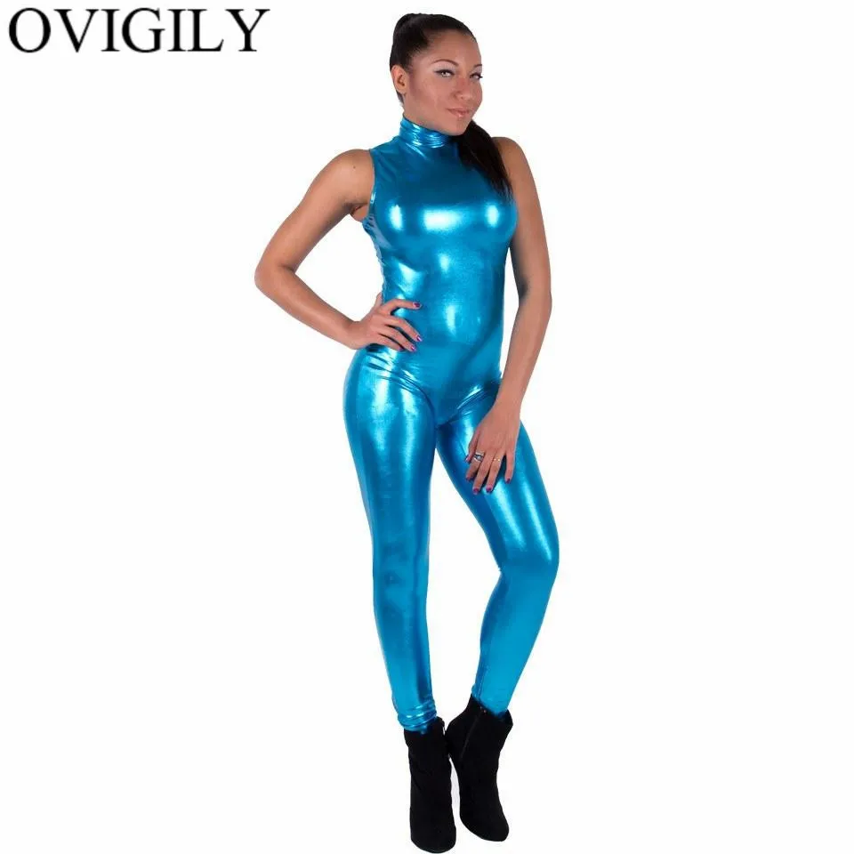 

OVIGILY Women's High Neck Shiny Metallic Unitard Girls Wet Look Spandex Catsuits Zip One Piece Dance Wear Sexy Tights Costumes