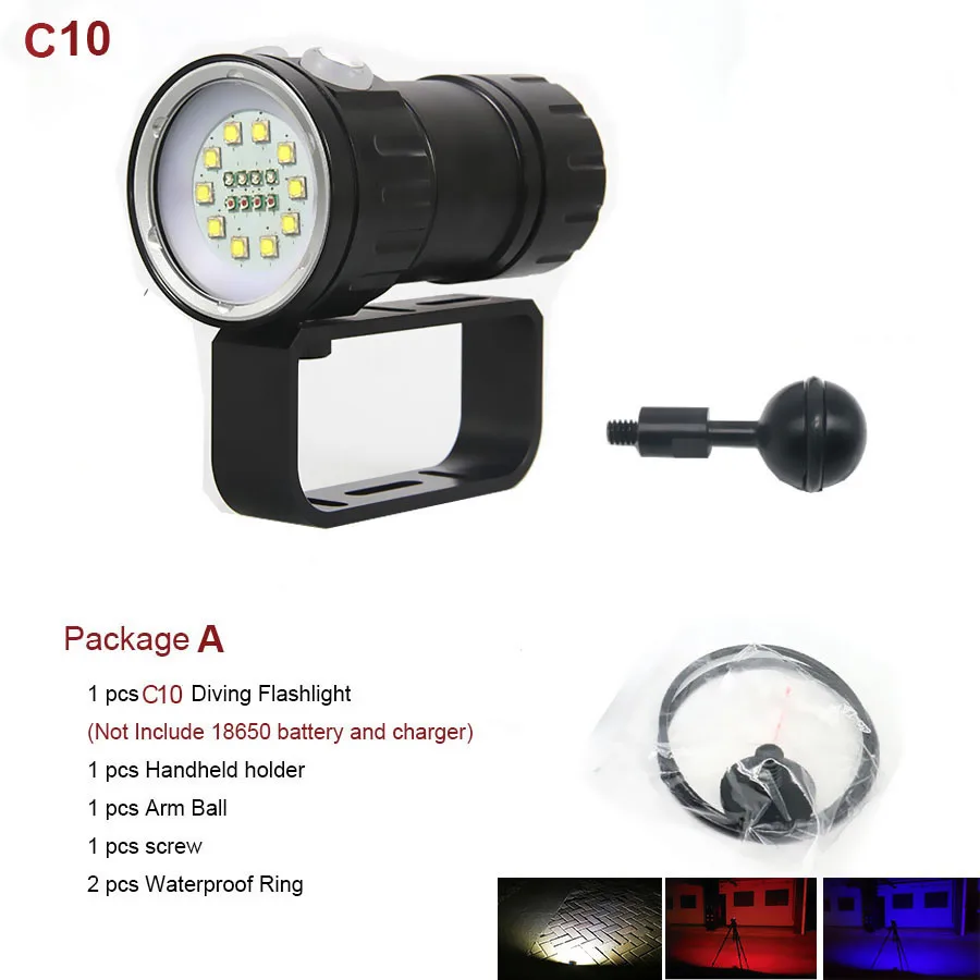 Светодиодный светильник-вспышка для дайвинга, подводный 80 м, водонепроницаемый светодиодный фонарь XHP70/XHP90, тактический светильник для фото и видео, 18650 - Испускаемый цвет: C10 no battery