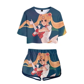 

Anime Sailor Moon Two Piece Set Kawaii 3D Harajuku Summer Set Women Crop Tops Shorts Set Cartoon Outfits For Women Sexy Clothing