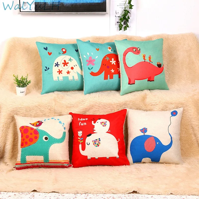 

WalYuLH Cute Children Popular Cartoon Style Elephant And Dinosaur Pattern Linen Cushion Cover Best Gift Pillow Case Decorative