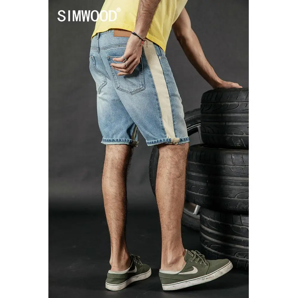 SIMWOOD, летние новые джинсовые шорты для мужчин, контрастная сторона, пэчворк, в полоску, длина до колен, винтажные короткие джинсы, уличная одежда 190228