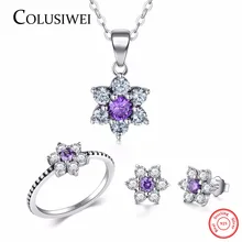 COLUSIWEI настоящее кольцо из стерлингового серебра 925 пробы и серьги Модные фиолетовые серьги-гвоздики с кристаллами для женщин ювелирные комплекты на годовщину