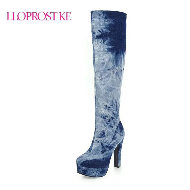 

LLOPROST KE Women Knee High Boots Winter Fashion Women Boots Waterproof Wear Thick Heel Platform Shoes Big Size 33-50 LYZ040