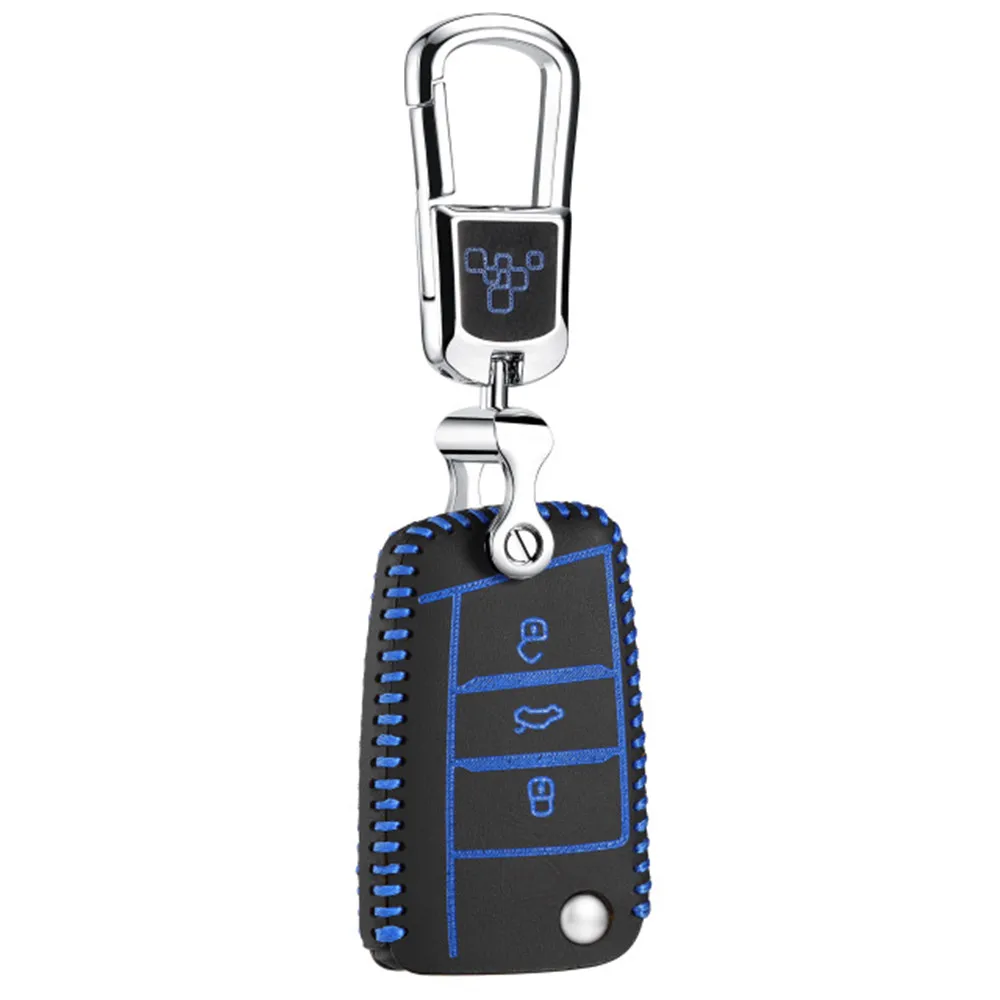 Для volkswagen tiguan L TERAMONT Автомобильный ключ крышка 3 кнопки Топ Кожаный чехол для ключей/держатель vw - Название цвета: Blue 1